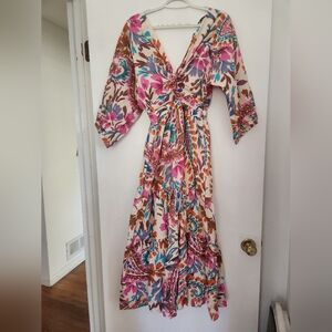 Zara Multicolored 100% Cotton Printed Midi Dress with Knot Detail, Size Small